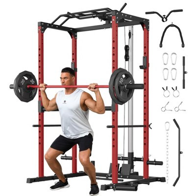 Garvee Multi-Function 1200LBS Power Cage with Pulley System, Barbell Weight Bar, Heavy Duty Home Gym Full Body Workout Station, Red Black | Target