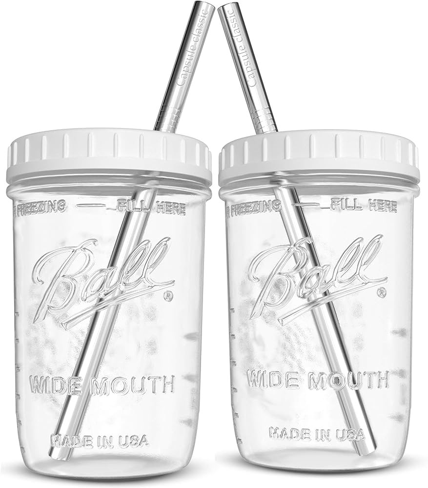 Reusable Wide Mouth Smoothie Cups Boba Tea Cups Bubble Tea Cups with Lids and Silver Straws Mason... | Amazon (US)