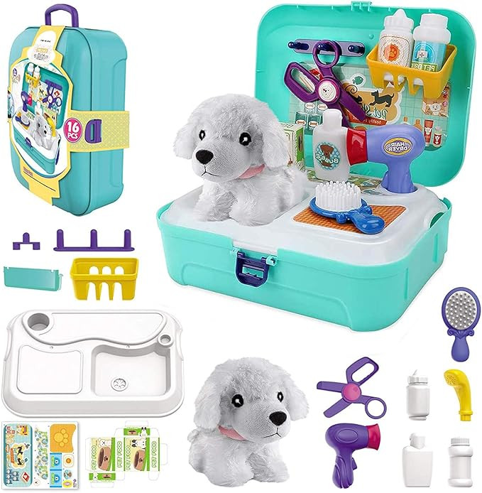 TEUVO Pet Care Play Set Doctor Kit for Kids, 16 Pcs Doctor Pretend Play Vet Dog Grooming Toys Pup... | Amazon (US)