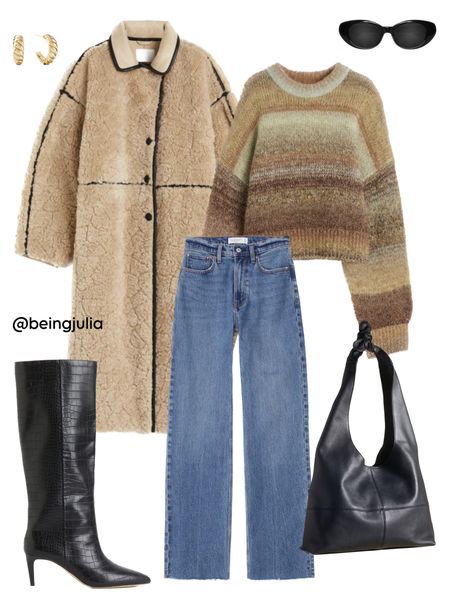 Fall outfit inspiration! Details below:

-H&M teddy fleece coat. Loose-fit, ankle-length coat in soft teddy fleece with contrasting trim in coated fabric. Collar, lapels, buttons at front, and discreet side-seam pockets. Dropped shoulders and long, wide sleeves. Lined.
-H&M striped brown oversized knit sweater. Soft, oversized, jacquard-knit sweater with glittery threads. Round neckline, heavily dropped shoulders, and long sleeves. Ribbing at neckline, cuffs, and hem.
-Abercrombie high rise 90s relaxed jeans with a wide leg in a medium wash. 
-H&M knee high black boots in a crocodile pattern with a mid height heel. 
-Anthropologie Slouchy Leather Knotted-Shoulder Bag in black. 
-Celine Triomphe 52mm oval sunglasses in black acetate. 
-Mejuri gold croissant dome hoop earrings.


#LTKfindsunder100 #LTKSeasonal #LTKstyletip