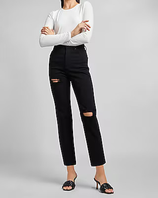 Super High Waisted Black Ripped Straight Jeans | Express