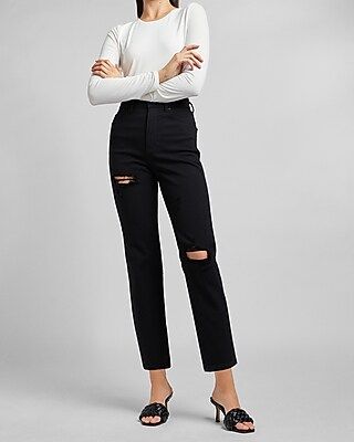 Super High Waisted Black Ripped Straight Jeans | Express