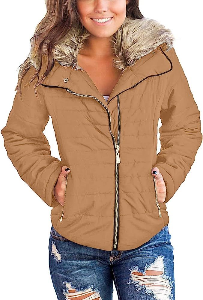 Vetinee Women Casual Faux Fur Lapel Zip Pockets Quilted Parka Jacket Puffer Coat | Amazon (US)