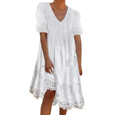 Women s Plus Casual A-Line Comfort Fit V-Neck Short Sleeve Dress Solid Pull-On Mini Valentines Women s Lace Summer Lace Casual White Dress | Walmart (US)