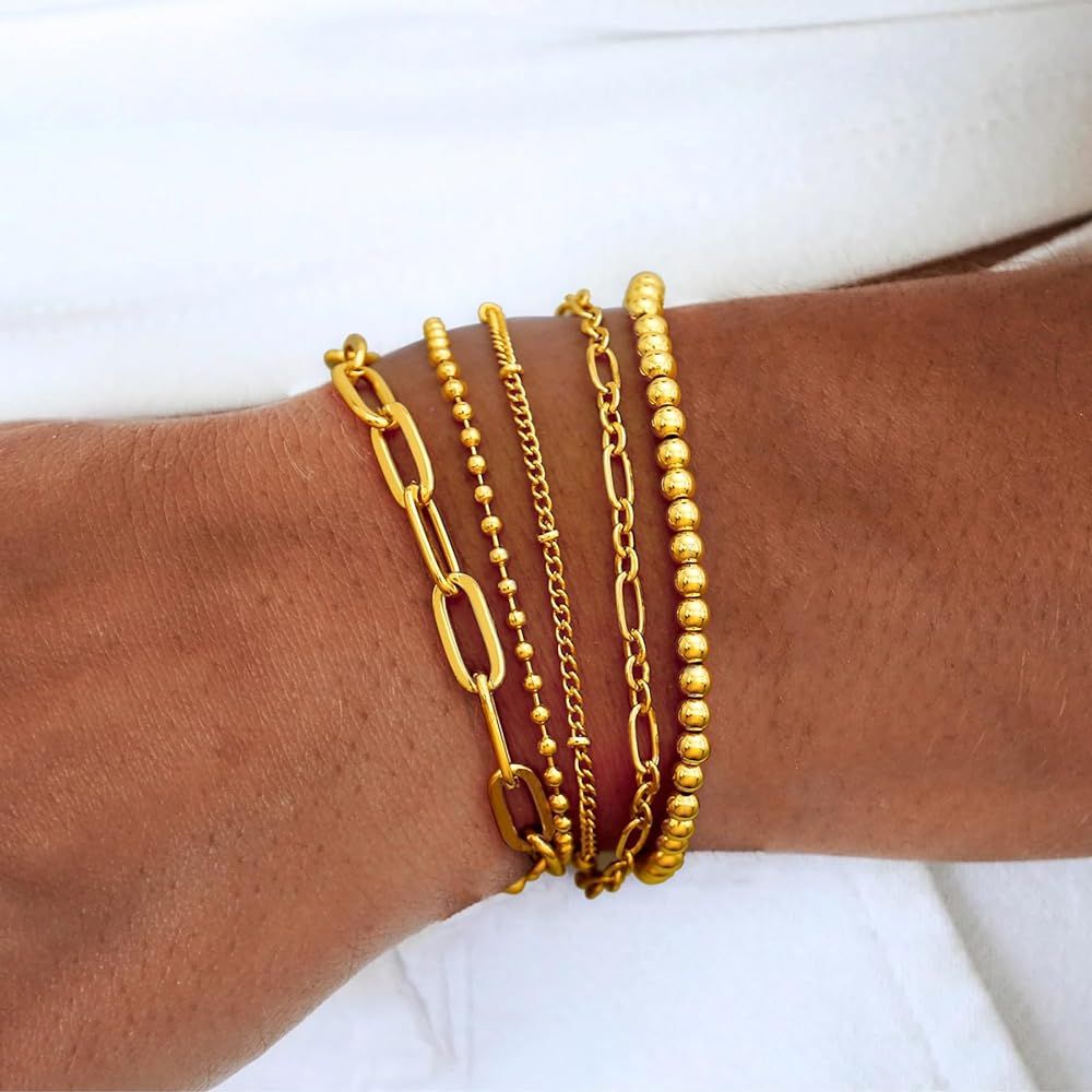 CONRAN KREMIX Gold Bracelet Sets for Women Girls 14K Real Gold Chain Dainty Link Paperclip Bracel... | Amazon (US)