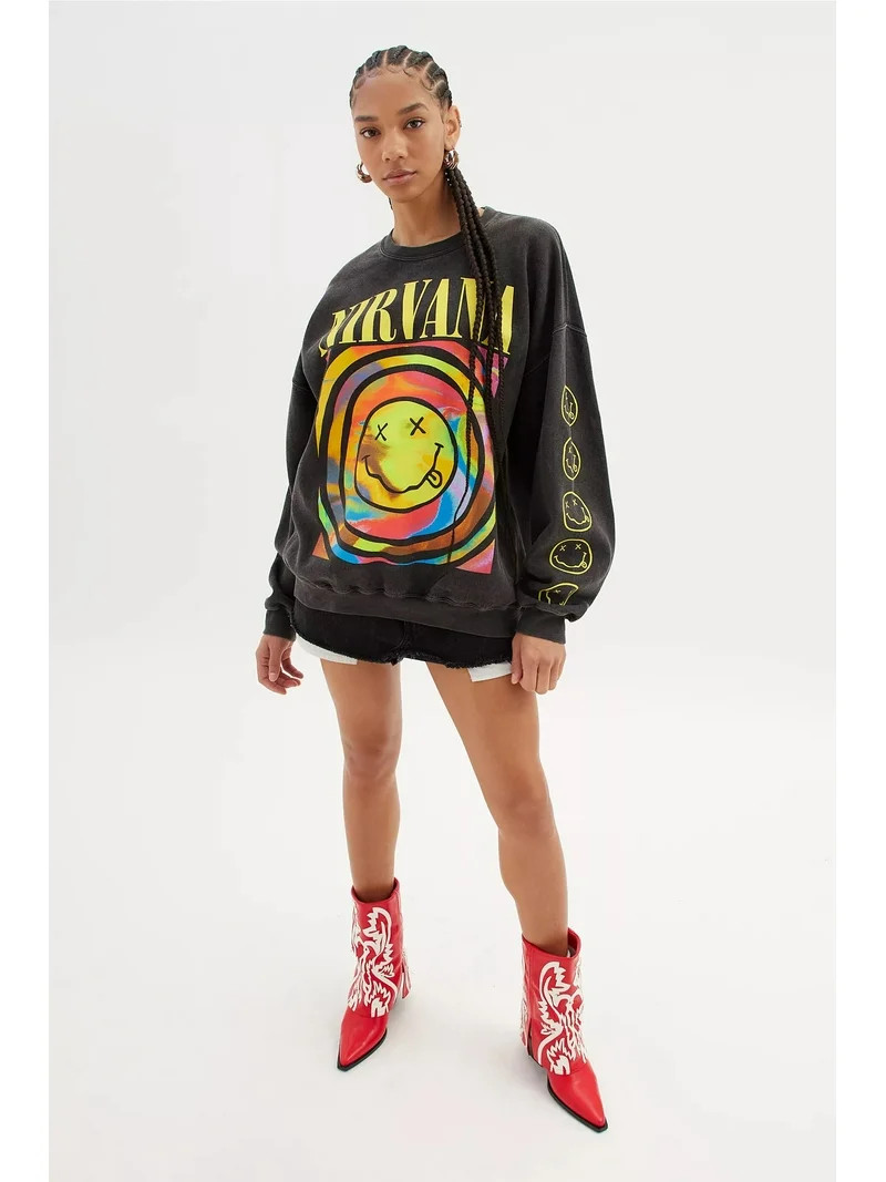 Urban Outfitters Women's Smile Overdyed Oversize Crew Neck Sweatshirt (Large/X-Large, Black Pigme... | Walmart (US)