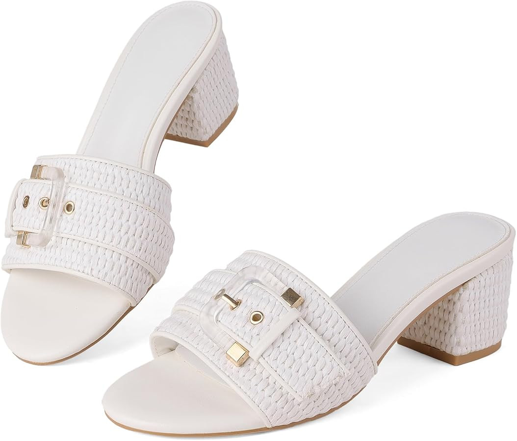 Women's Raffia Heeled Sandals Low Block Chunky Heel Sandals Open Toe Buckle Strap Beach Slip on M... | Amazon (US)