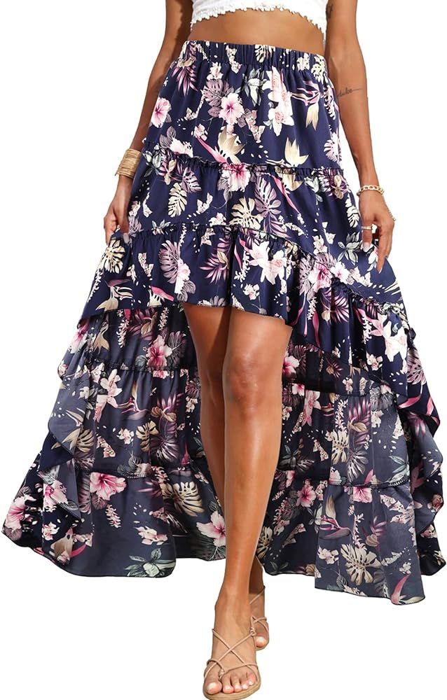 BTFBM Women Boho Floral Print Long Skirt Chic High Low Side Split Ruffle Hem Elastic Waist Swing Max | Amazon (US)