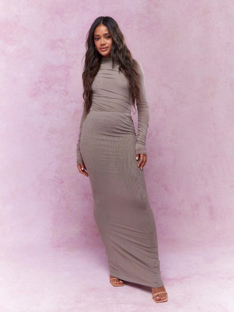 MISSGUIDED Tulle Mesh Polo Neck Long Sleeves Bodysuit And Bodycon Maxi Skirt Two Piece Co-Ord Set | SHEIN