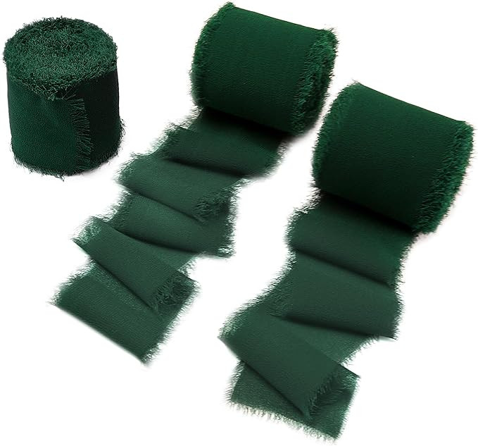 DORIS HOME 3 Rolls 2" x7Yd Fringe Chiffon Ribbon for Flower Bouquet, Handmade Dark Green Ribbon f... | Amazon (US)