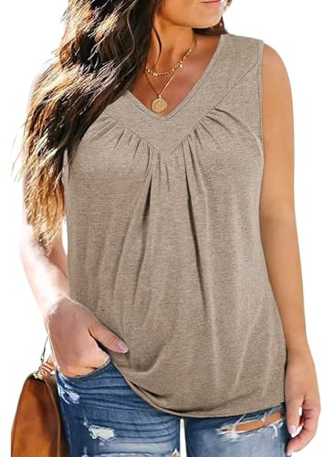 Eytino Womens Plus Size Summer Tank Tops Pleated Front V Neck Casual Loose Blouses Sleeveless Shirts,4X Simply Taupe | Amazon (US)