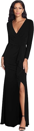 Betsy & Adam Womens Betsy & Adam Women's V-Neck Long Sleeve, Floor-Length Gown with Side Ruffle D... | Amazon (US)