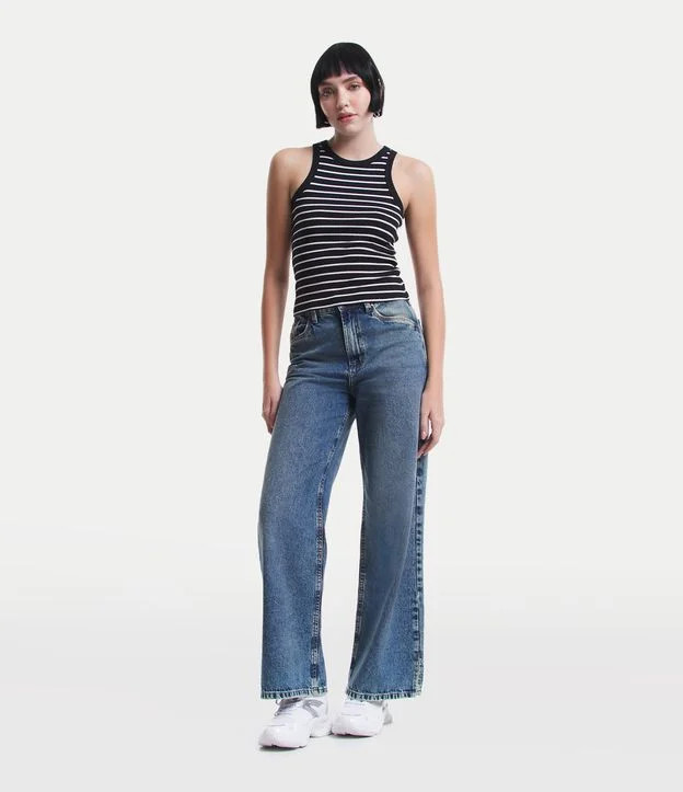 Blusa Regata Básica em Ribana Listrada Preto | Renner (BR)