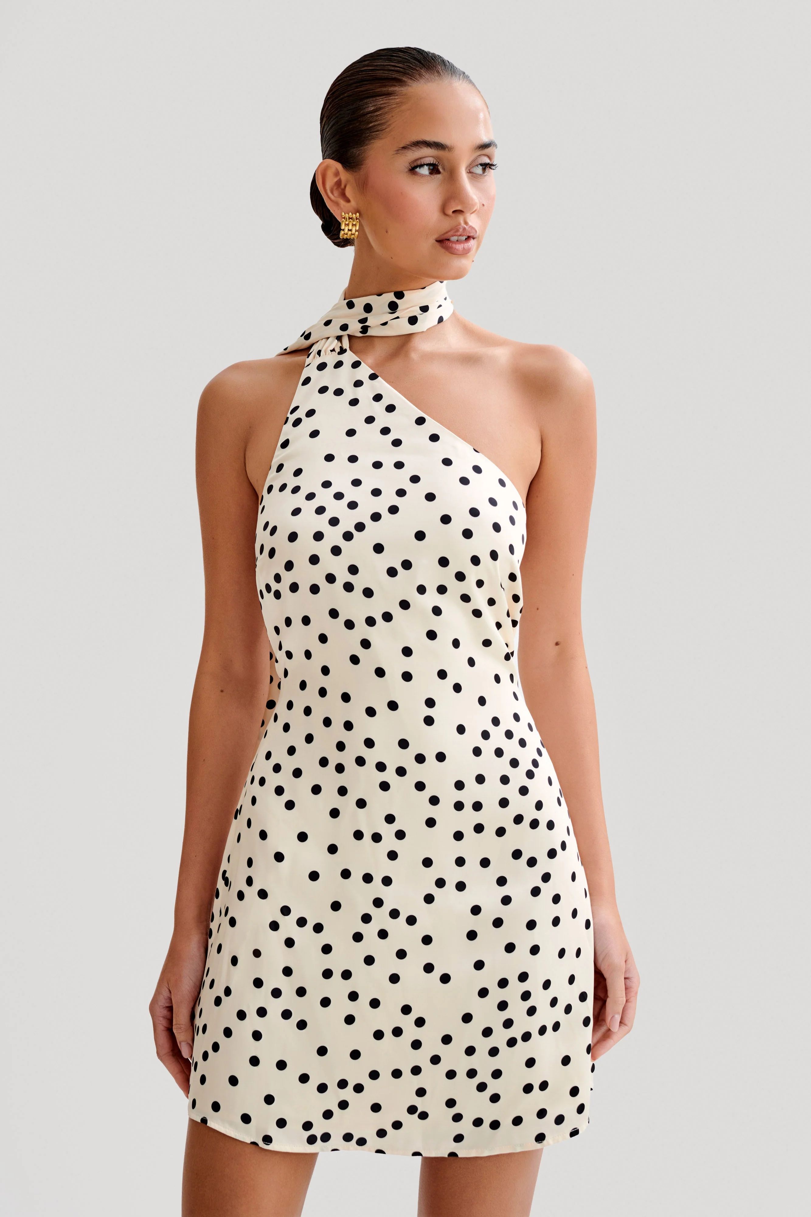 Joan Satin Asymmetrical Mini Dress - Polkadot | MESHKI US