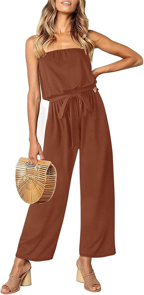 ZESICA Women's 2023 Casual Off Shoulder Solid Color Strapless Belted Wide Leg Jumpsuit Romper | Amazon (US)