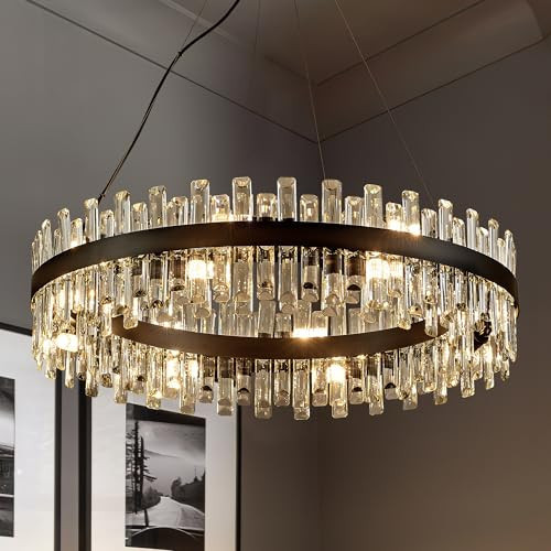 lighceac 31.9" Black Modern Crystal Chandelier Light Fixtures Luxury 2 Ring Crystal Chandeliers for Dining Room 16-Light Round Hanging Pendant Lighting for Living Room Kitchen Island Entryway Bedroom | Amazon (US)