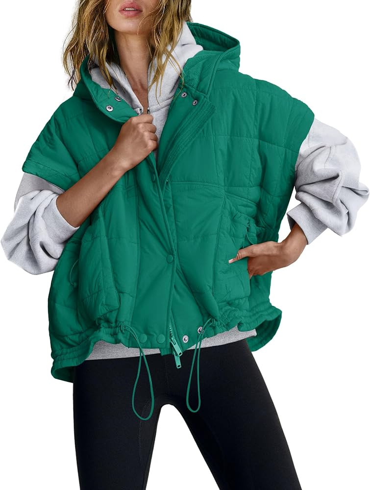 Yanekop Cropped Puffer Vest Women Lightweight Quilted Jacket Oversized Poncho Stand Collar Full Z... | Amazon (US)