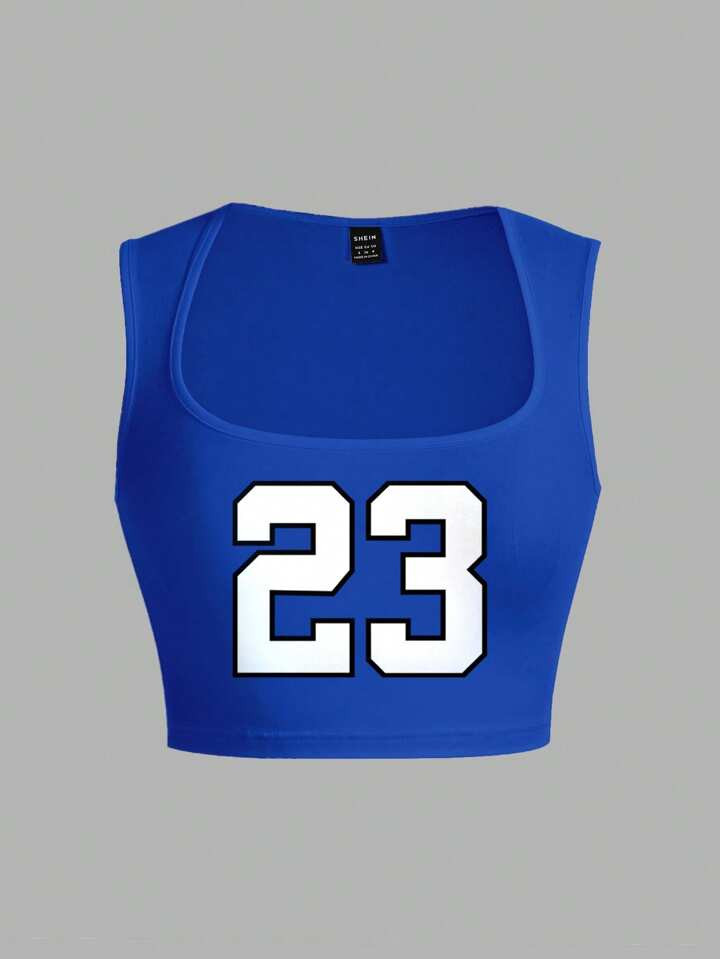 Slaydiva Casual Minimalist No.23 Pattern Square Neck Cropped Tank Top For Women, Suitable For Summer | SHEIN