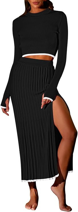 Pink Queen 2 Piece Skirt Outfits for Women Knit Sweater Crop Top Bodycon Party Cocktail Fall Blaz... | Amazon (US)