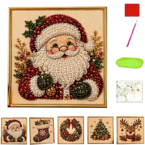 Oanruyan Christmas Pearl Diamond Painting Art Kit with Frame, DIY Pearl Beads Art Craft Kit for Adults Beginner, Gemstone Diamond Dots Beads for Home Decor Wall Art, Party Gift (Santa Claus) | Amazon (US)