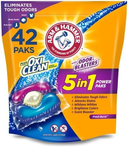 ARM & HAMMER Plus OxiClean with Odor Blasters 5-in-1 Liquid Laundry Detergent Power Paks, High Effic | Amazon (US)