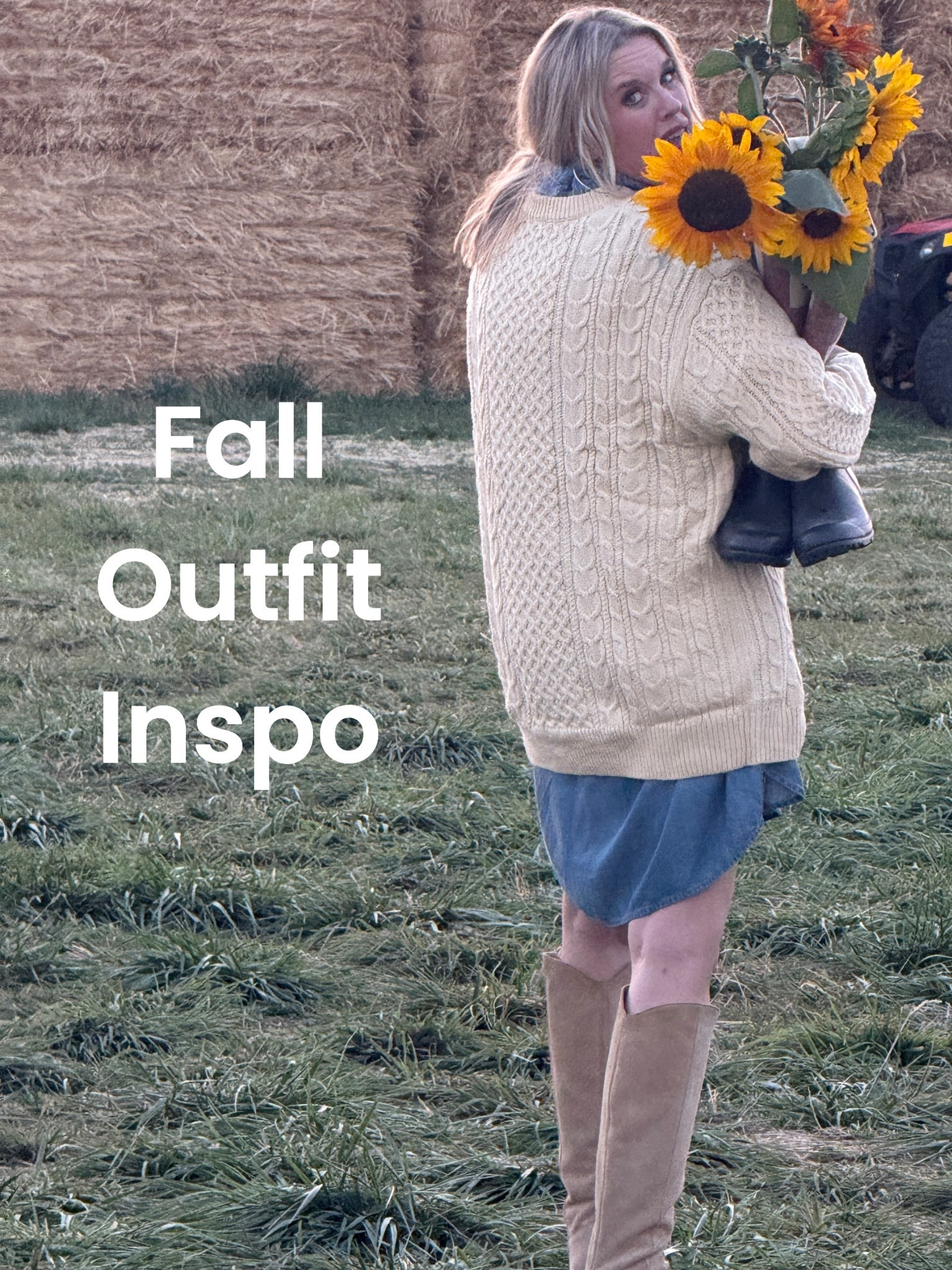 Fall outfit Inspo🍂🌻

Cable knit sweater (worn as a dress) by layering a chambray dress under  $30
Sweater is another affordable find , that’s high quality and fits tts. Comes in a couple colors. Tts I am in a med.

Chambray dress (old) Anthropologie, I linked similar 

Boots by dolce vita tts 

Horse  & horse bit silk scarf another great affordable Amazon find . 

Hunter boots I used for a vase
For my sunflowers… are Union Jack (old) linked regular Hunters


🍂not shown 🍂
Barn jacket 
Can you believe this barn  jacket is under $50

The quality is amazing, I love the corduroy collar detail and the brass buckle button detail’
This quality is really amazing !
Fits tts I am in a med, I could have sized down to a small.. but I like to layer under slot.
