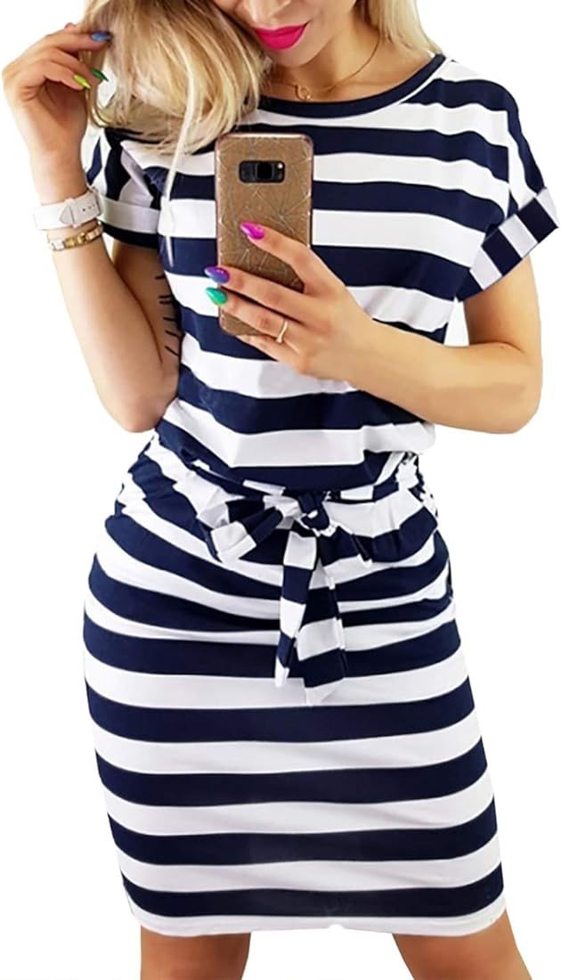 AILUNSNIKA Summer Casual T-Shirt Mini Dress Striped Pencil Dress for Women Work Dresses with Belt | Amazon (CA)