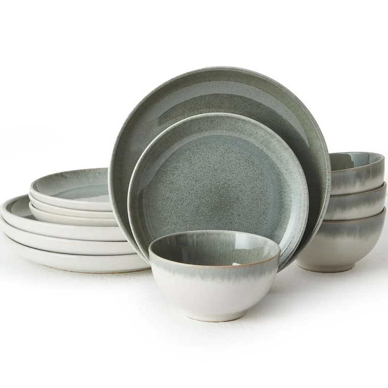 Pokini 12-Piece Stoneware Dinnerware Sets, Plates and Bowls Dish Sets for 4, Gradient Green | Walmart (US)