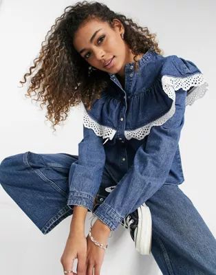 Object denim shirt with ruffle detail in blue | ASOS (Global)