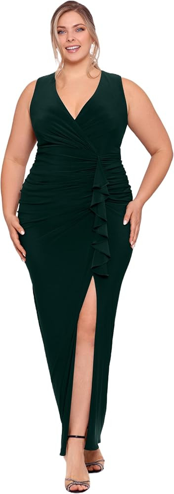 Betsy & Adam Womens Plus Size Sleeveless Long Stretchy V-Neck Ruched Wrap DressSpecial Occasion D... | Amazon (US)