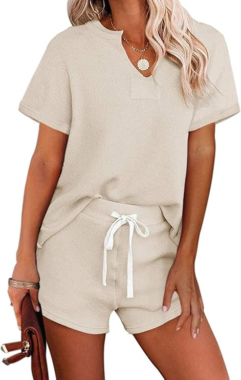 MEROKEETY Women's Long Sleeve Pajama Set Henley Knit Tops and Shorts Sleepwear Loungewear | Amazon (US)