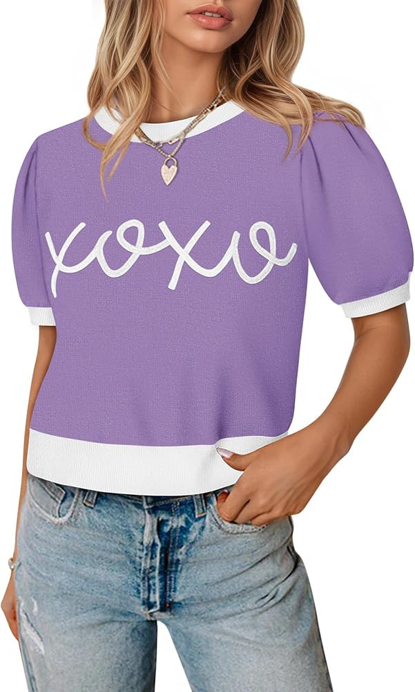 Womens Puff Short Sleeve Sweater Casual Cropped Knit Shirts Cute Valentines Pullover Jumper Tops | Amazon (US)