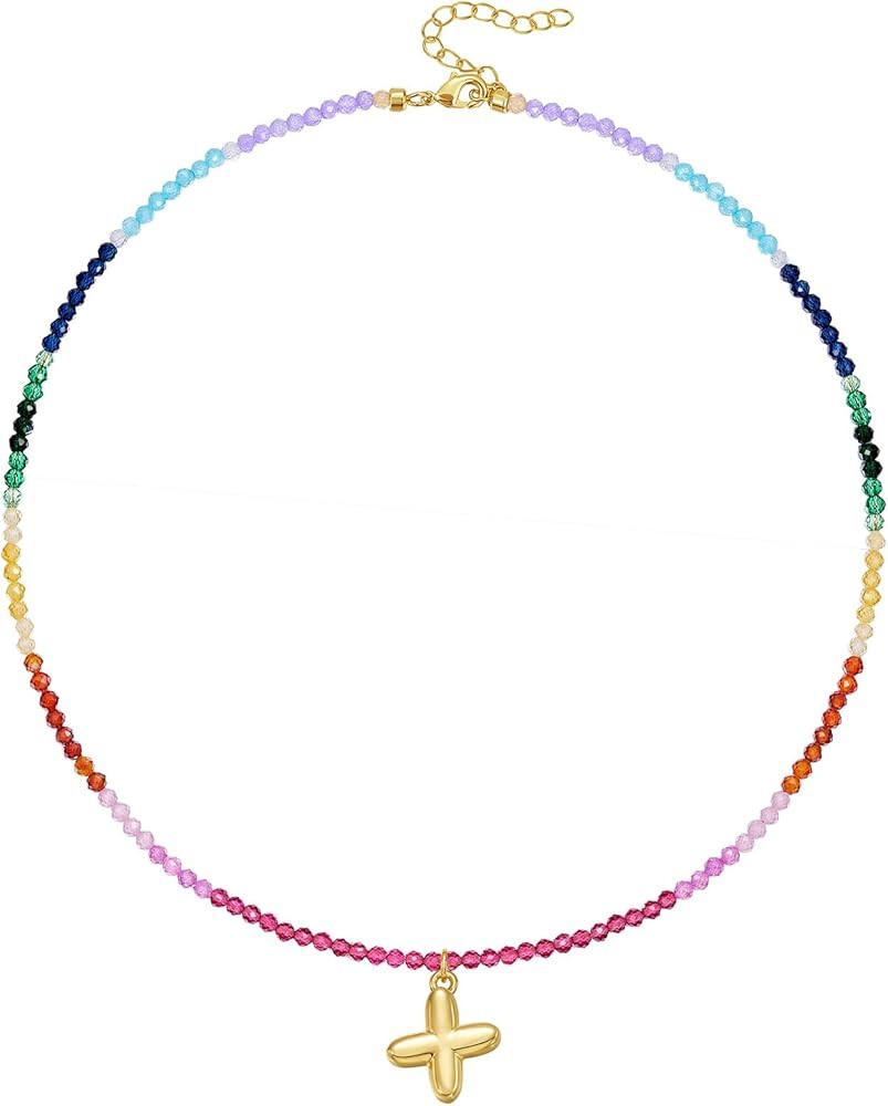 KissYan Beaded Initial Necklace, 14K Gold Plated Bubble Letter Pendant Rainbow Gemstone Choker Co... | Amazon (US)