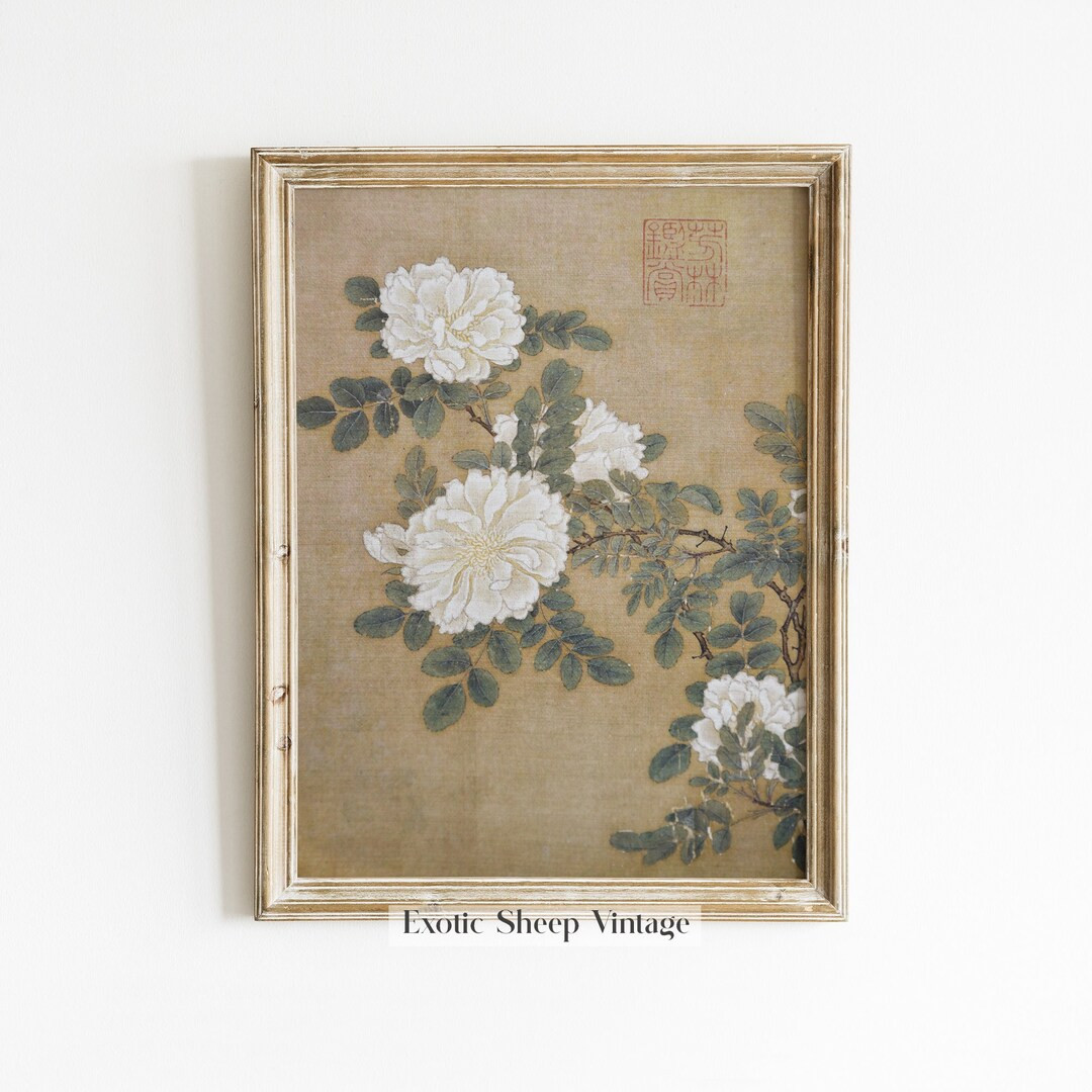 Muted Vintage Print Neutral Floral Print Asian Art Vintage Flower Art Zen Art Floral Sketch aesth... | Etsy (US)