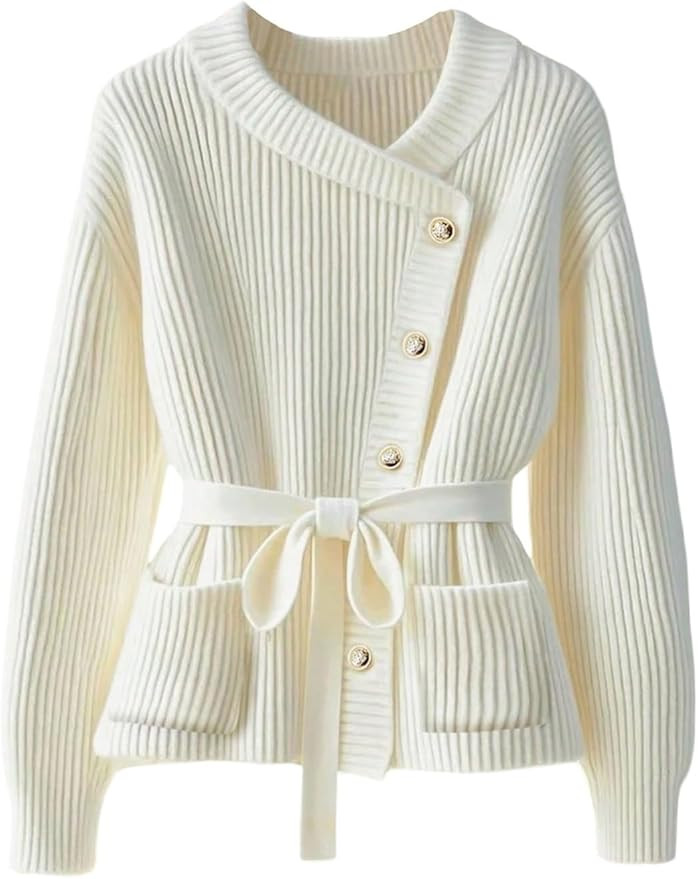 MakeMeChic Women's Wrap Asymmetrical Neck Cardigan Long Sleeve Button Down Belted Business Sweate... | Amazon (US)
