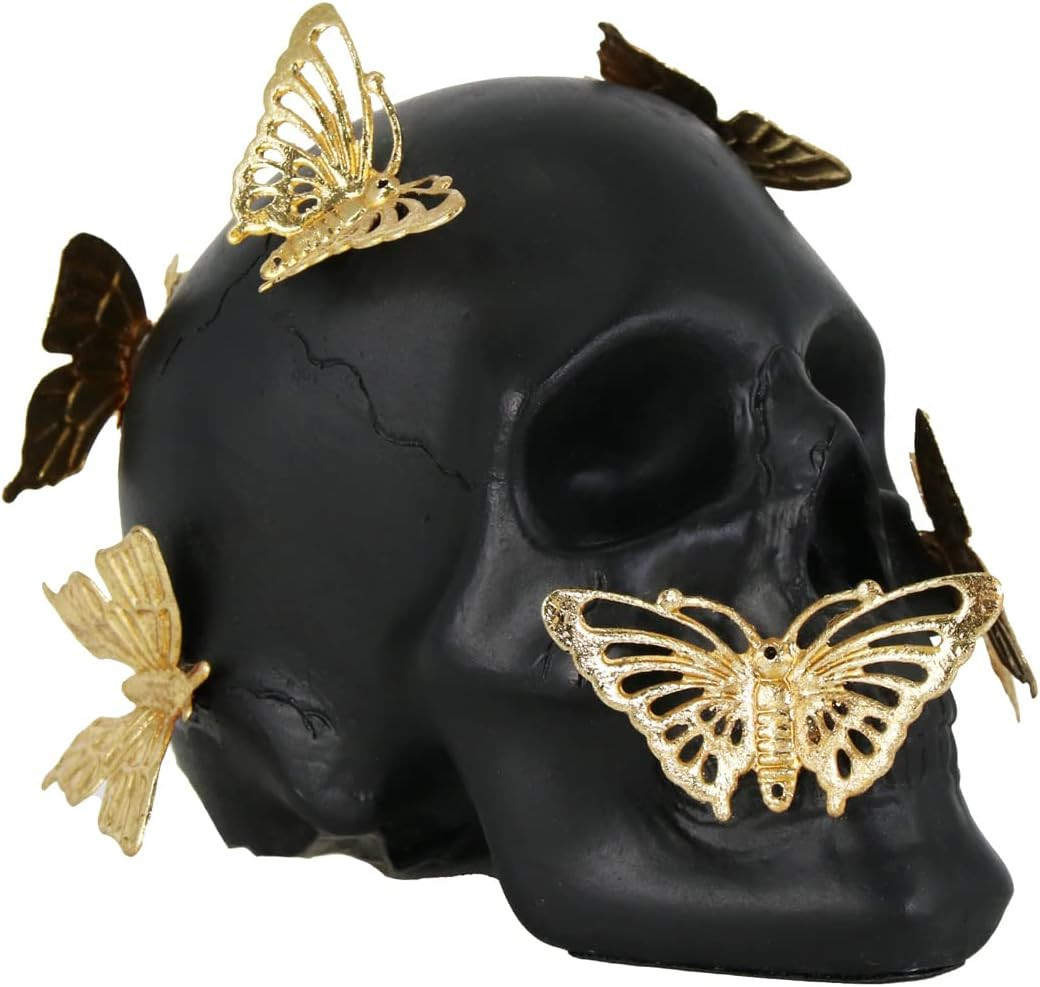 Black Skull Statue with Glod Butterfly,Halloween Decoration Home Decor Collectible Figurines (Sma... | Amazon (US)
