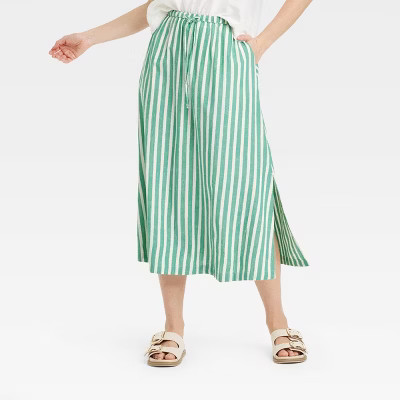 Women's Tie-Front Midi A-Line Skirt - Universal Thread™ Green/White Striped XS: Cotton Rayon Blend, Side Pocket | Target