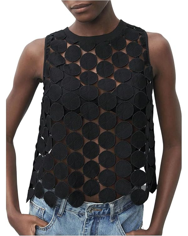 SHENHE Women's See Through Tops Sleeveless Circular Embroidered Asymmetrical Vest Sheer Tank Top ... | Amazon (US)