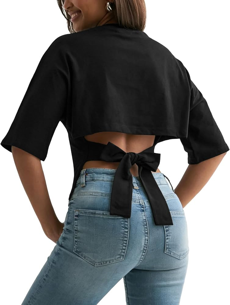 Women's Y2K Open Back Shirts Adjustable Tie Back Cinched Waist Crop Tops Half Sleeves Crew Neck P... | Amazon (US)