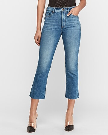 High Waisted Raw Hem Cropped Flare Jeans | Express