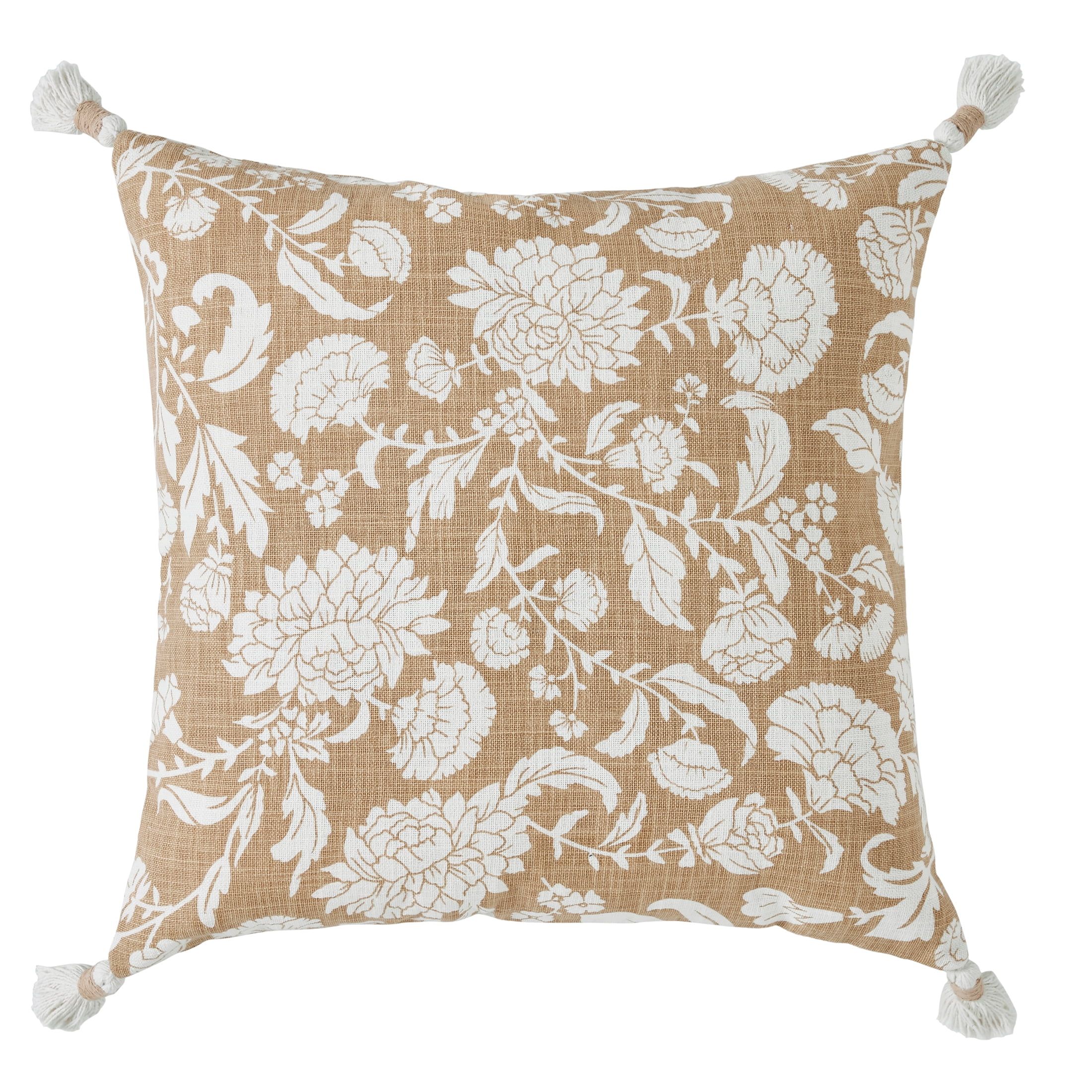 My Texas House Ava Floral Printed Cotton Slub Decorative Pillow, 18" x 18", Beige | Walmart (US)