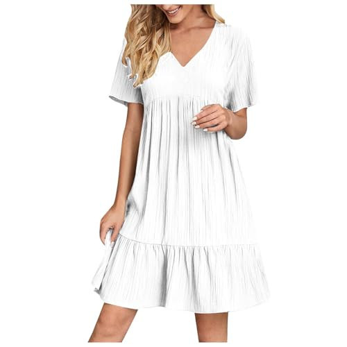 SMIDOW Summer Dresses for Women 2026 Vacation Short Sleeve v Neck Mini T Shirt Dress Pleated Ruffle Flowy Beach Sundresses White Boho Summer Dresses for Women S | Amazon (US)