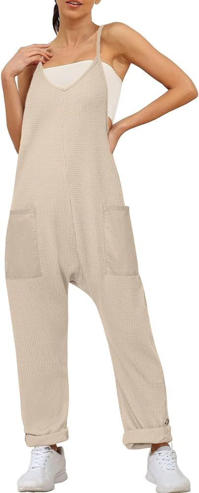 Glamaker Women's Casual Jumpsuits Waffle Knit Overalls Baggy One Piece Sleeveless Loose Fit Mater... | Amazon (US)