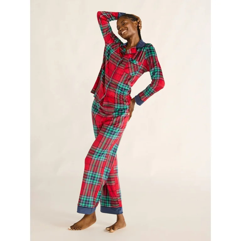 Joyspun Women's Velour Notch Collar Top and Pants Pajama Set, 2-Piece, Sizes S-3X | Walmart (US)