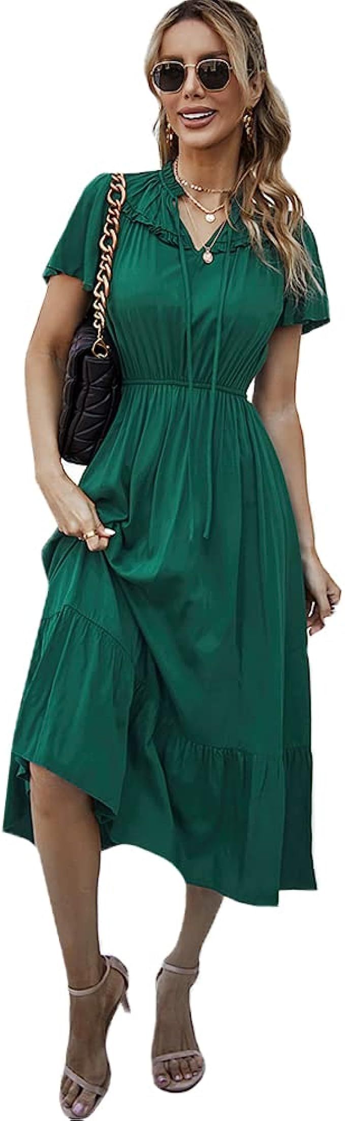 KAYWIDE Women V Neck Ruffle Flowy Dress Short Sleeve Casual Plain A-Line Smocked Waist Pleated He... | Amazon (US)