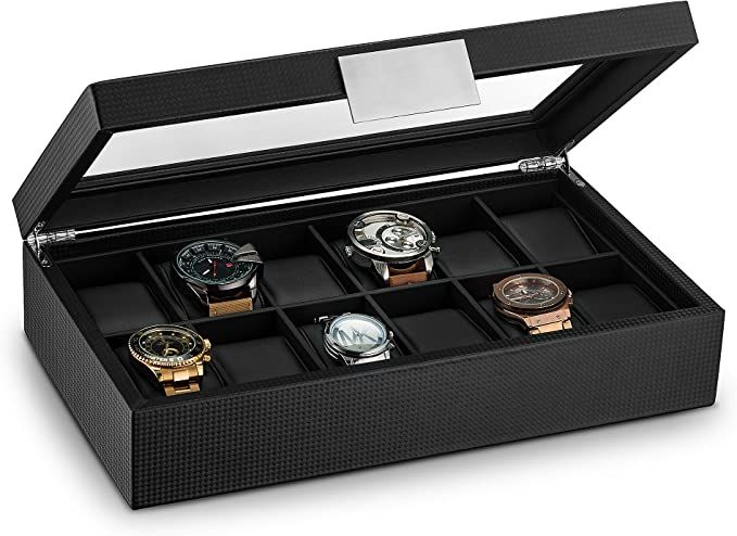 Glenor Co Watch Box for Men - 12 Slot Luxurious & Masculine Carbon Fiber Textured Watch Case, Stu... | Amazon (US)
