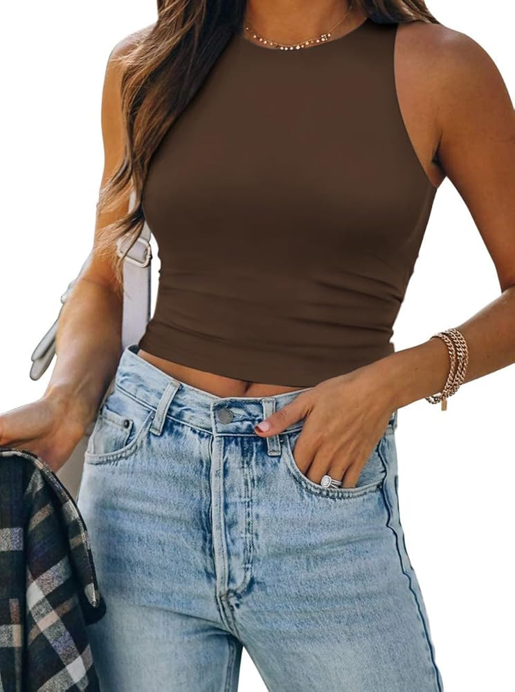 ATHMILE Womens Double Lined Crop Tank Tops Casual Basic Shirts Sleeveless Workout Tops Cute Summe... | Amazon (US)