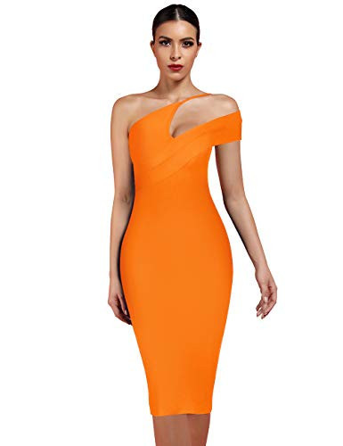 UONBOX Women's Cut Out One Shoulder Sleeveless Split Club Party Fashion Bandage Dress Orange XS | Amazon (US)