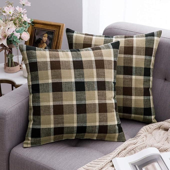 MIULEE Pack of 2 Decorative Throw Pillow Covers Checkered Plaids Tartan Linen Rustic Farmhouse Sq... | Amazon (US)
