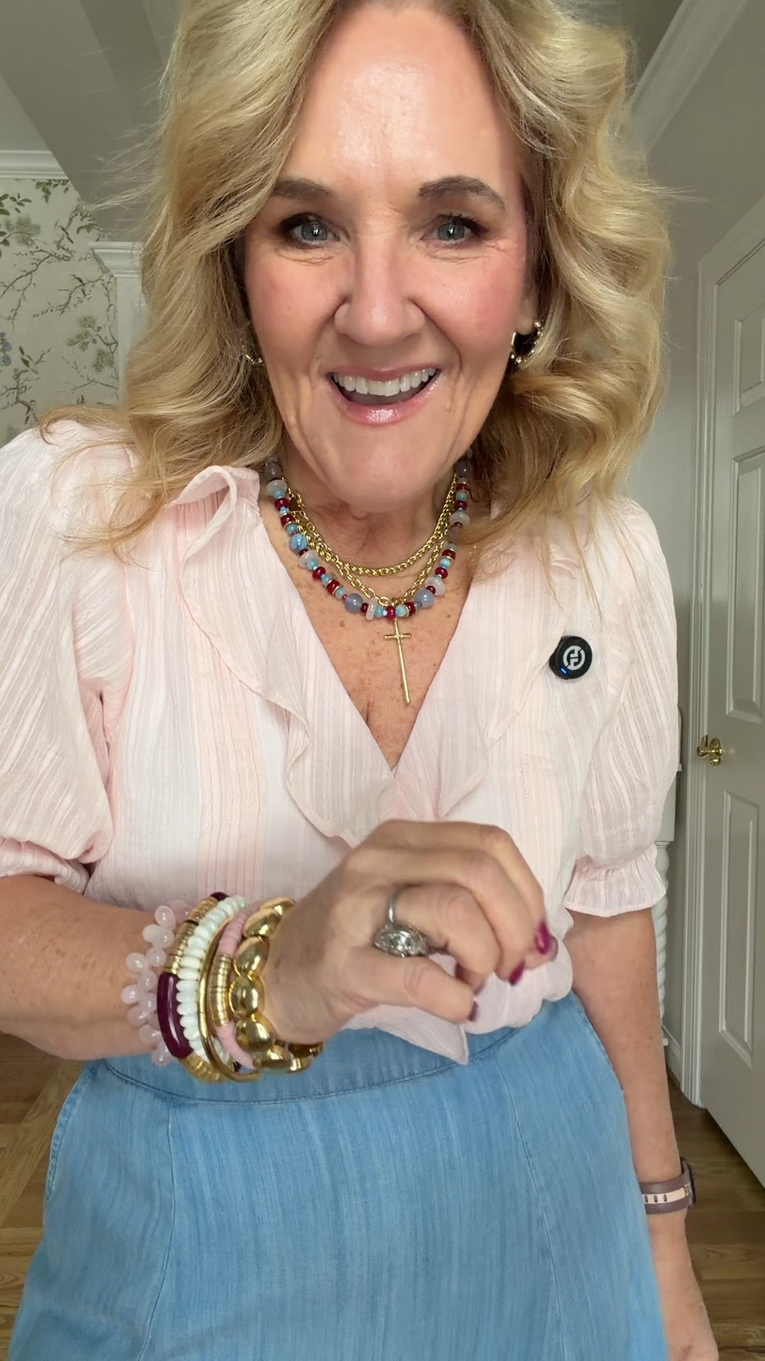 Explaining Allie & Bess jewelry. Stock your cart and at 8 pm CST checkout! The prices will change then. 

A few favorite pink styles 
Blouse size medium 
Jeans medium petite 
Quince cashmere burgandy size large 
Pale pink blouse medium 
Chambray skirt 8
Pink pants 6 reg 
Quince merino wool jacket medium 
Striped blouse medium 
Navy blazer 10 petite 
Pink cardigan medium 
Brown gingham blouse medium 
Ecru Jeans 29 petite 
Faux suede blazer medium petite size down if petite not avail 
Striped tee is fitted size medium 
Spanx barrel Jean medium petite 
Pink sneakers tts with socks 
Allie & Bess warehouse sale starts Wednesday 28th at 8 CST shop then! 

#LTKSaleAlert #LTKValentine #LTKOver40